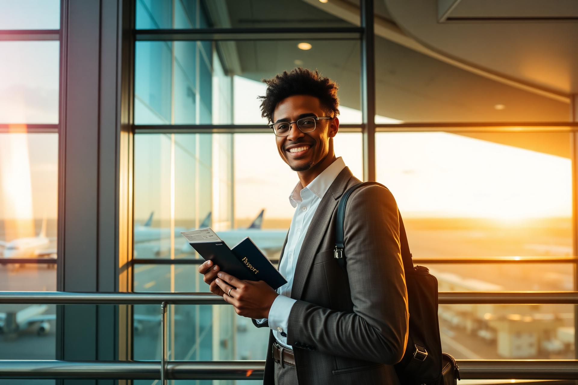 International traveler with passport at airport